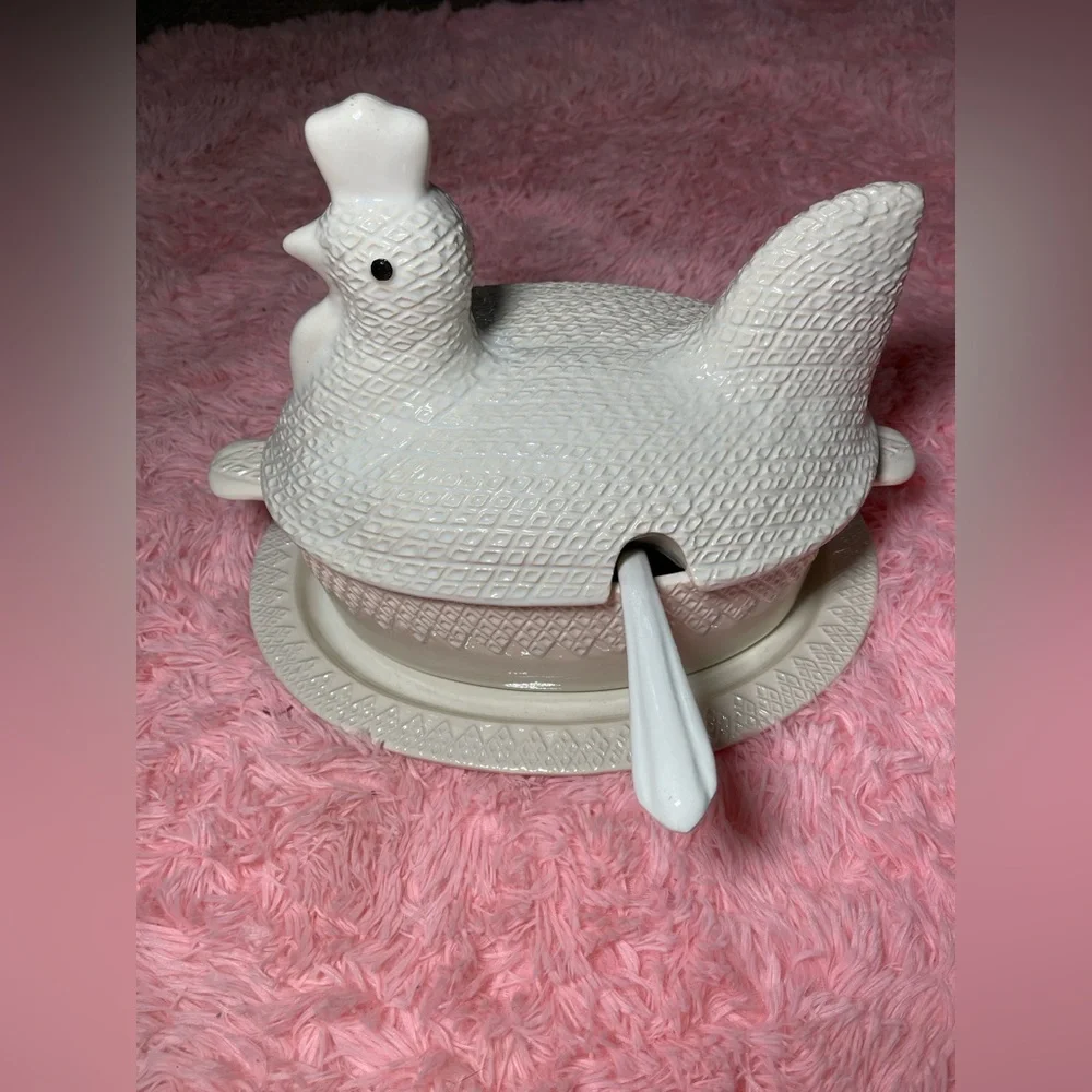 Whittier Pottery Chicken Large Soup Serving Tureen Platter Ladle Vintage Rare